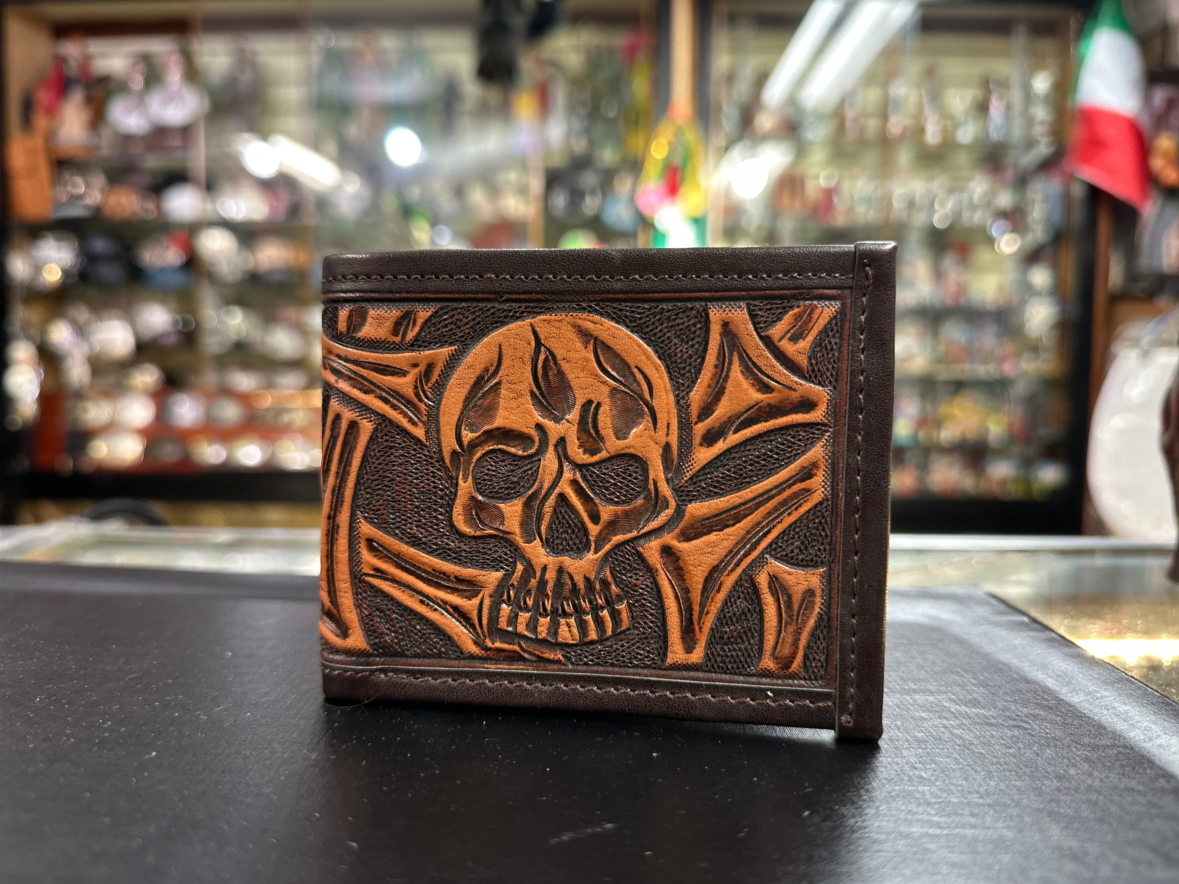 Leather Engraved Skull Wallet