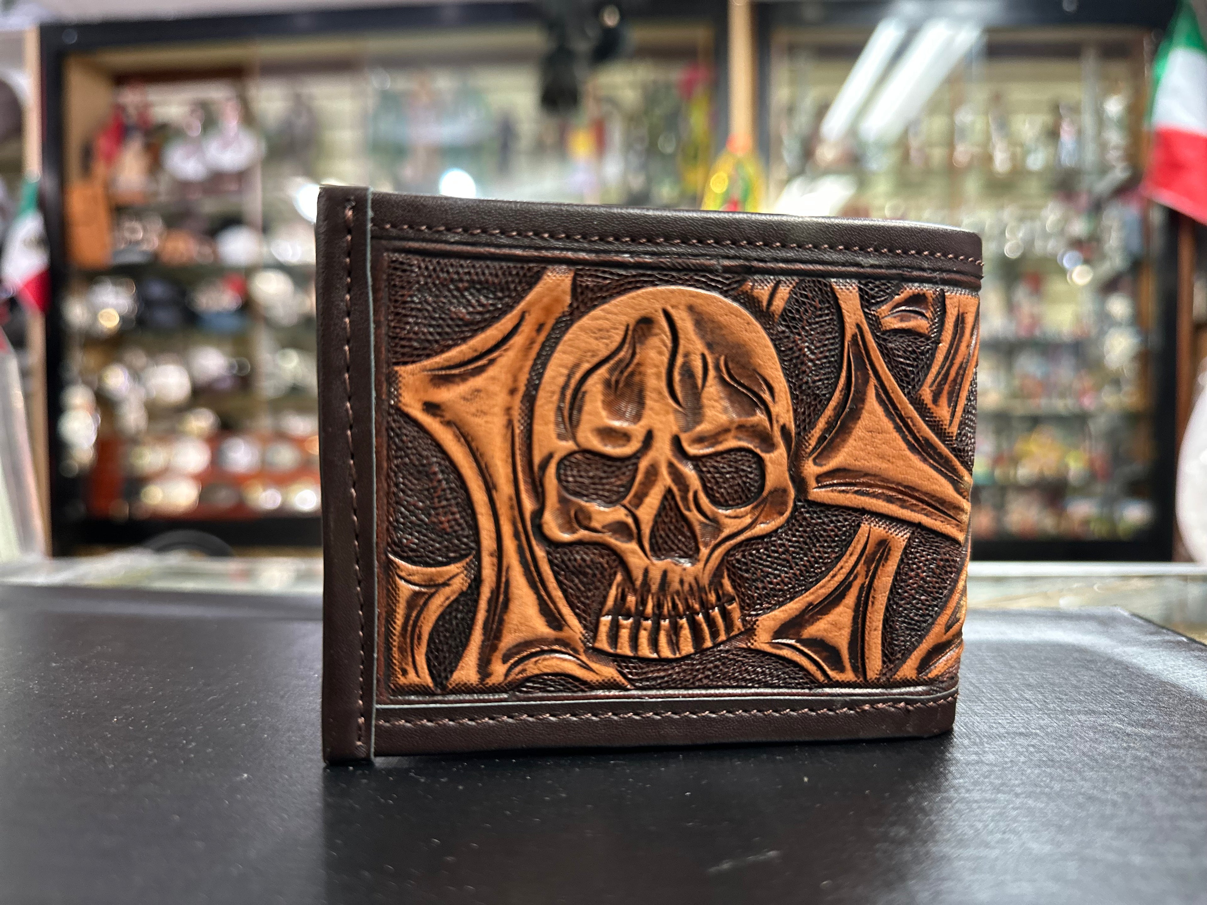 Leather Engraved Skull Wallet